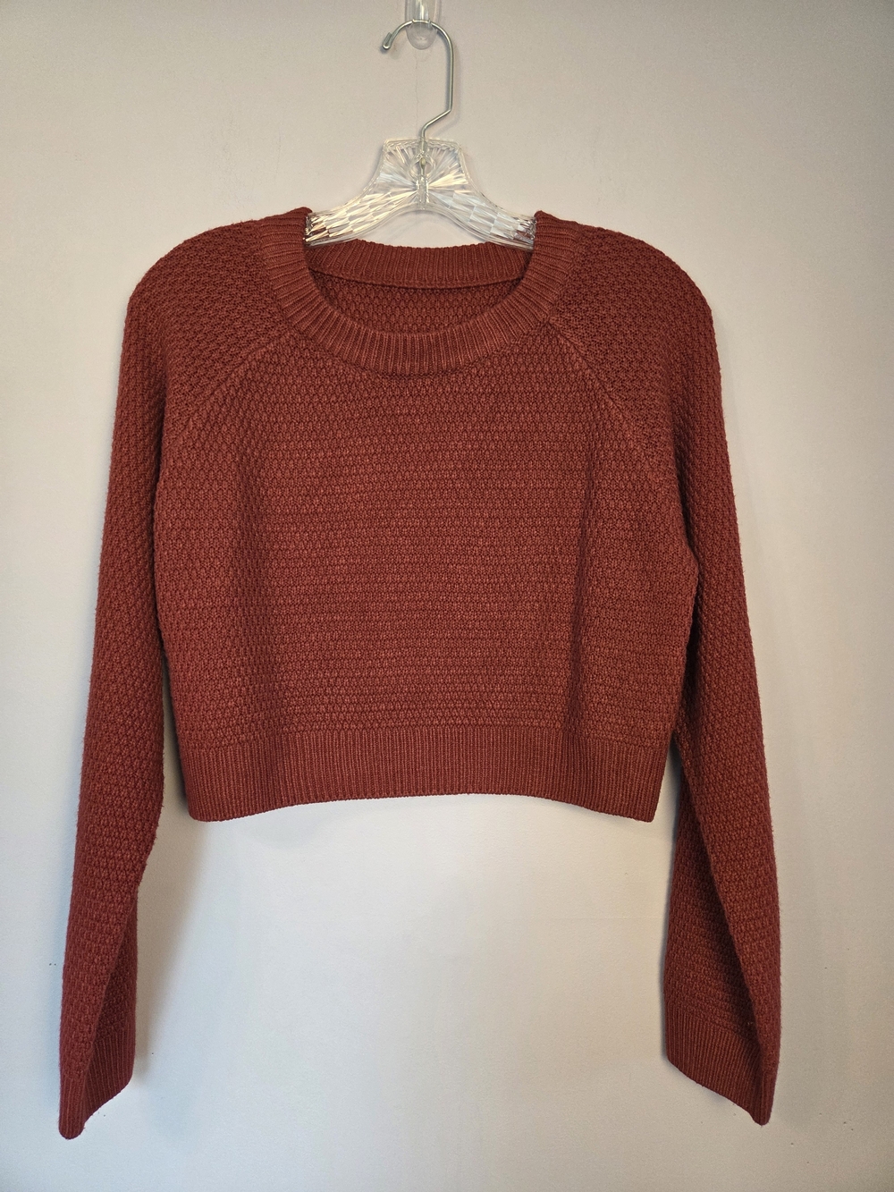 Boho Cropped Crewneck Sweater Cranberry Small Waffle Knit Grandpacore Collegiate